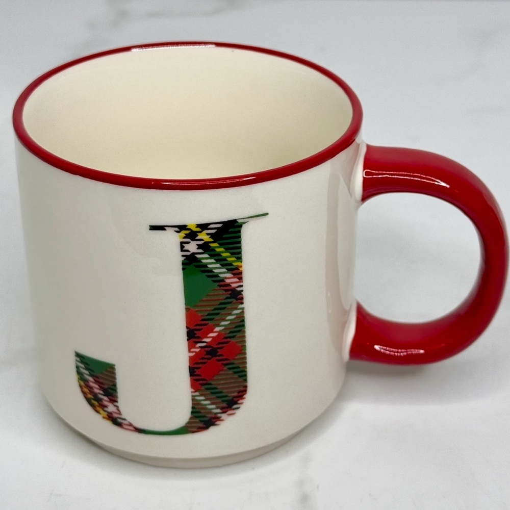 Plaid Alphabet Monogram Mug “J” Red Trim